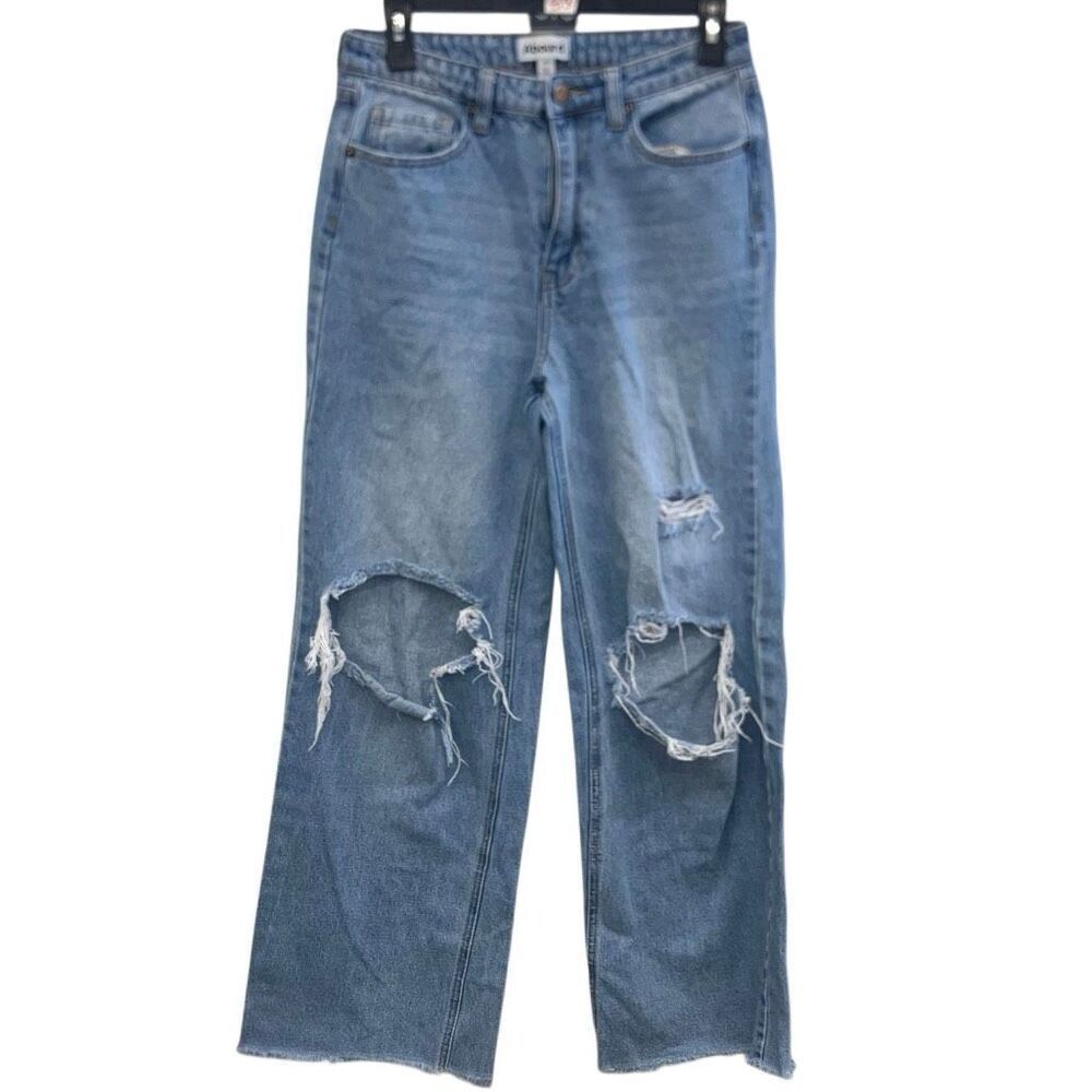 Abound high rise light wash wide leg distressed raw hem jeans size 28 #724